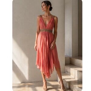 VINTAGE Y2K Marchesa Notte 100% SILK Coral BEADED Dress SOFT ROMANTIC 6